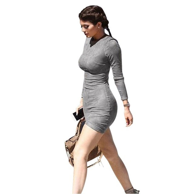 2019 Long Sleeve Slim Party Dress Sexy Club Brown Vestido Women Winter Dresses Kylie Jenner Skin Tight Faux Suede Bodycon Dress