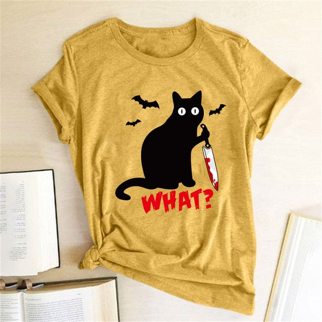 Black Cat What Tshirt Murderous Cat Knife Women Funny T Shirt Short Sleeve Halloween Tops Tees Femme Camisetas Verano Mujer 2019