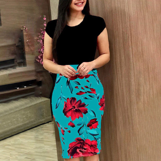 Summer Knee-Length Dress Short Sleeve Sexy Floral O-Neck Casual Bodycon Buttock Dress Women Lady Party Dress Vestidos de festa