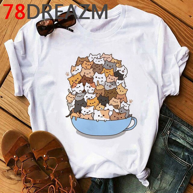 Summer Top Funny Cat T Shirt Women Kawaii Kittens T-shirt Plus Size Women Cute Graphic Tees Unisex Oversized Tee Shirt Female