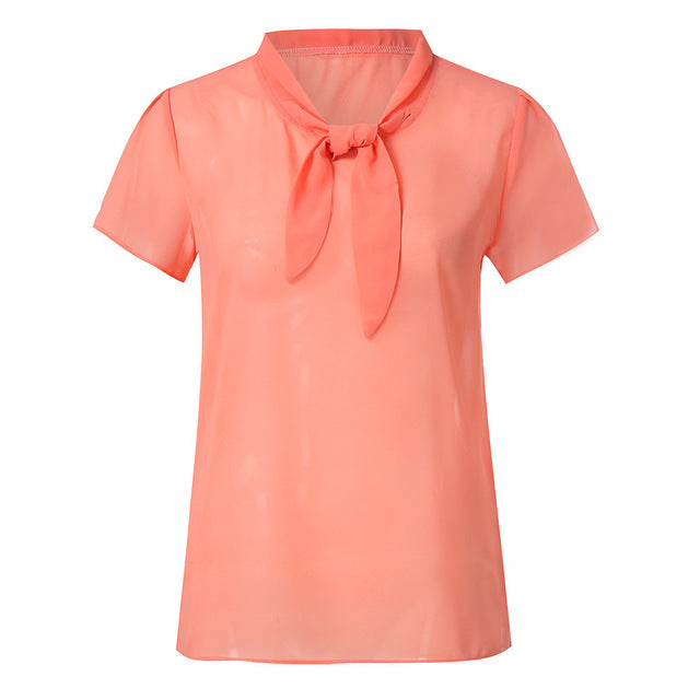 Women Elegant Blouse Short Sleeve Bow Chiffon Shirts Summer Tops Office Shirts Chemisier Femme Womens Tops And Blouses