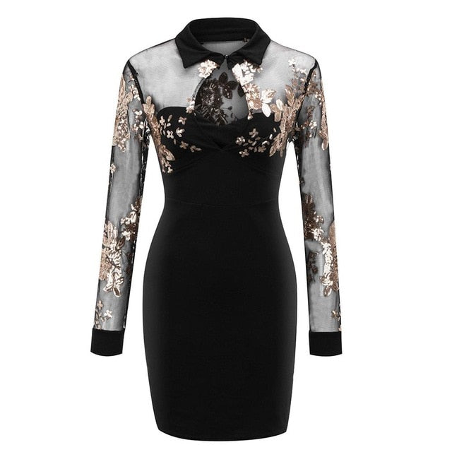 Work Dress Women Long Sleeve Sheer Striped Mesh Patchwork Bodycon Office Dress Solid Asymmetrical Neck sukienki платье женское