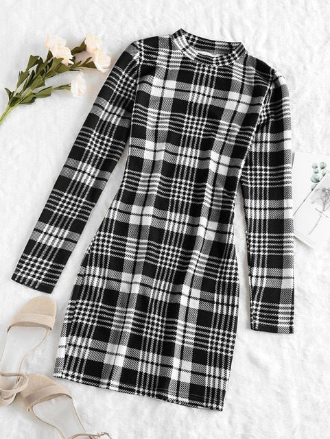 ZAFUL Plaid Dress Women Vintage Houndstooth Bodycon Sexy Mini Dress 2019 Winter Office Ladies Elegant Sheath Skinny Dress Femme