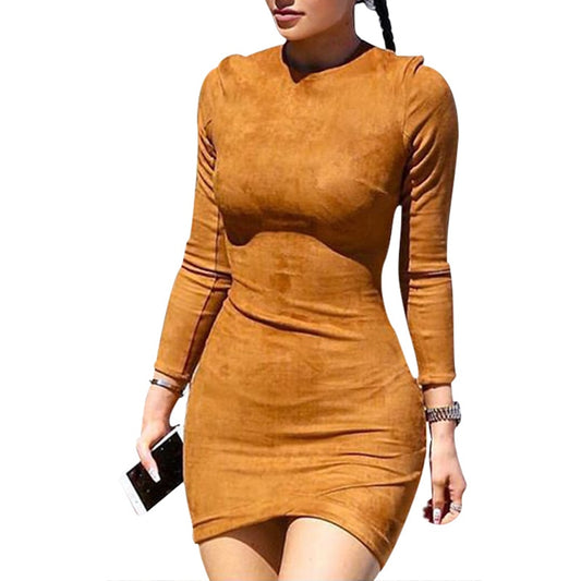2019 Long Sleeve Slim Party Dress Sexy Club Brown Vestido Women Winter Dresses Kylie Jenner Skin Tight Faux Suede Bodycon Dress