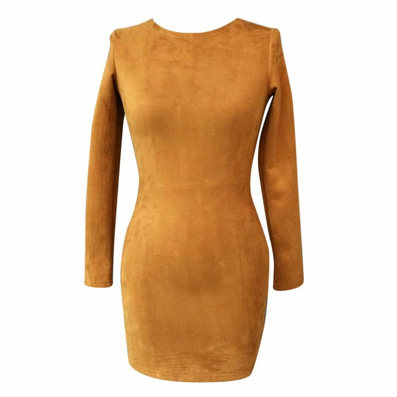 2019 Long Sleeve Slim Party Dress Sexy Club Brown Vestido Women Winter Dresses Kylie Jenner Skin Tight Faux Suede Bodycon Dress