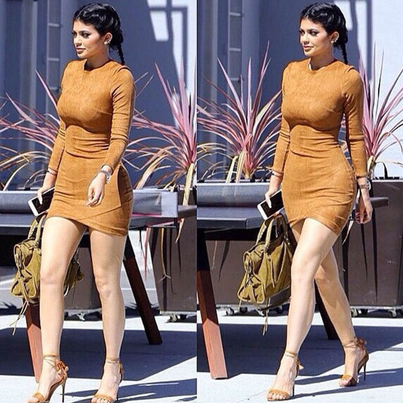 2019 Long Sleeve Slim Party Dress Sexy Club Brown Vestido Women Winter Dresses Kylie Jenner Skin Tight Faux Suede Bodycon Dress