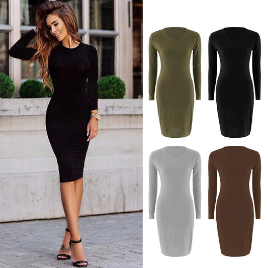 Autumn Spring Women Long Sleeve Dress Bodycon Sexy Slim Fit O-neck Casual Dresses SER88
