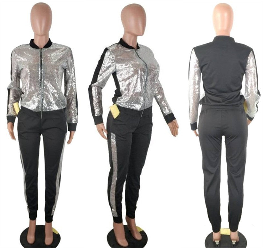 Autumn Winter Sequin 2 Piece Set Women Tracksuit Long Sleeve Jacket Top Pants Suit Streetwear Sparkly Matching Sets Club Outfits