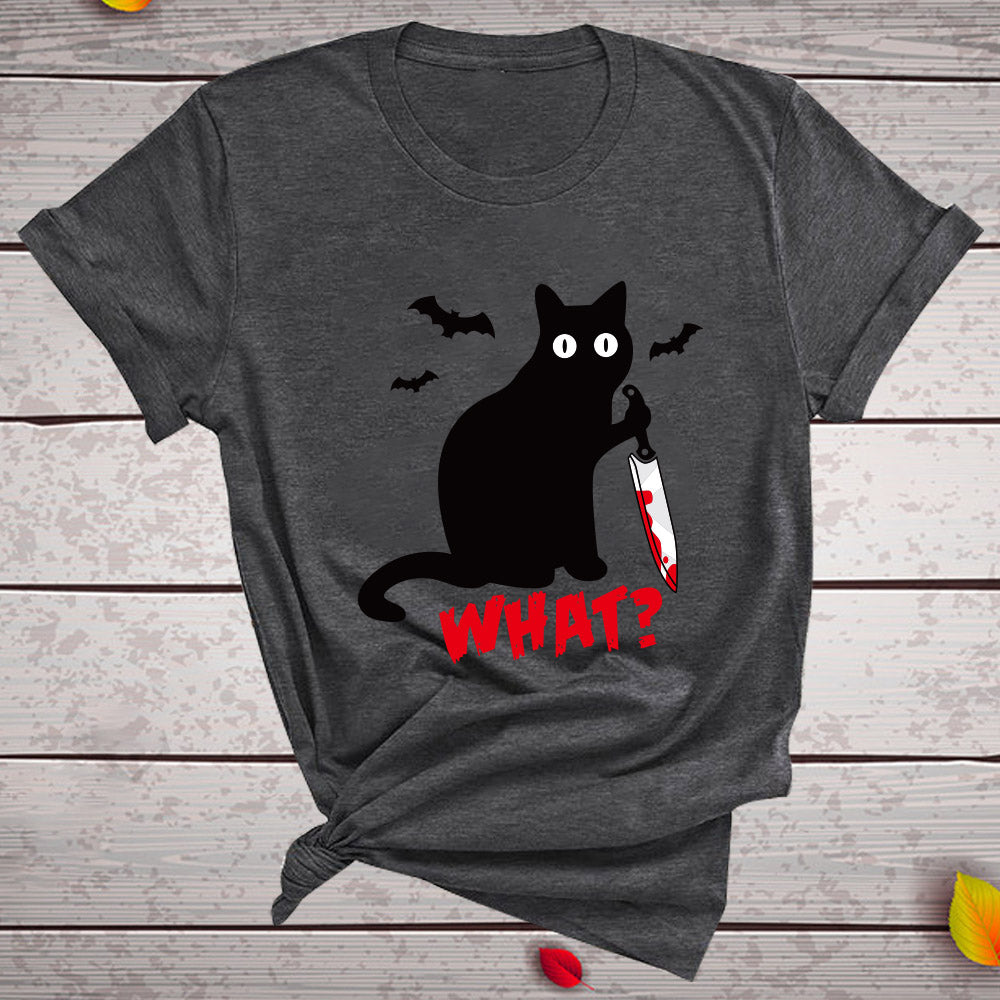 Black Cat What Tshirt Murderous Cat Knife Women Funny T Shirt Short Sleeve Halloween Tops Tees Femme Camisetas Verano Mujer 2019