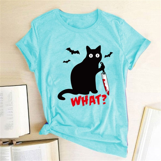 Black Cat What Tshirt Murderous Cat Knife Women Funny T Shirt Short Sleeve Halloween Tops Tees Femme Camisetas Verano Mujer 2019