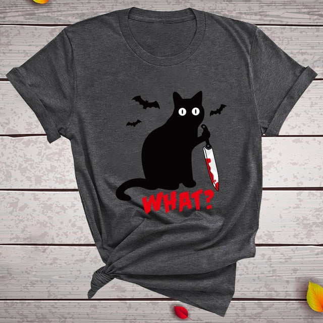 Black Cat What Tshirt Murderous Cat Knife Women Funny T Shirt Short Sleeve Halloween Tops Tees Femme Camisetas Verano Mujer 2019