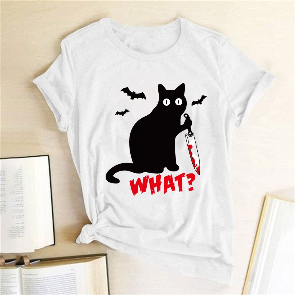 Black Cat What Tshirt Murderous Cat Knife Women Funny T Shirt Short Sleeve Halloween Tops Tees Femme Camisetas Verano Mujer 2019