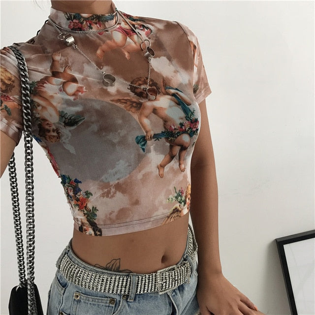 Cupid Printing Transparent Blouses Short Sleeve Women Chiffon Shirts 2019 Spring Summer angel shirt Crop Top Plus Size Clothing