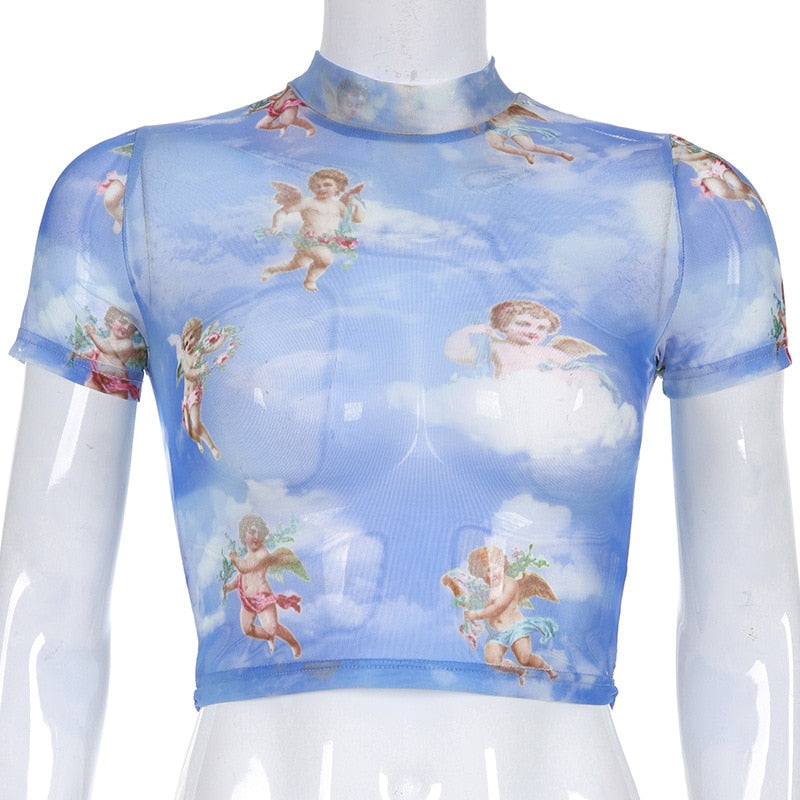 Cupid Printing Transparent Blouses Short Sleeve Women Chiffon Shirts 2019 Spring Summer angel shirt Crop Top Plus Size Clothing