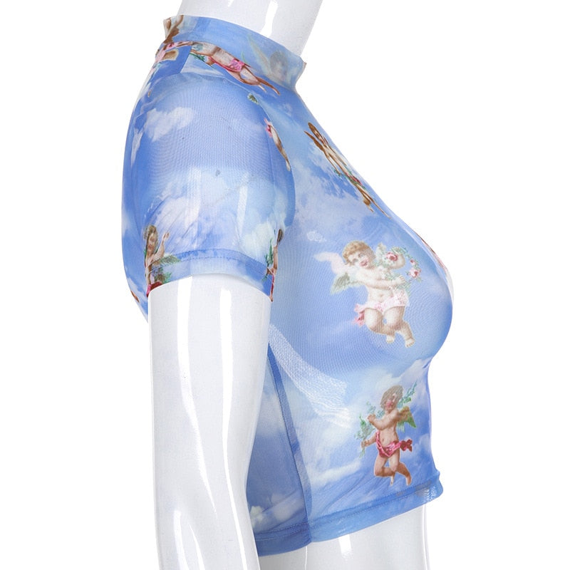 Cupid Printing Transparent Blouses Short Sleeve Women Chiffon Shirts 2019 Spring Summer angel shirt Crop Top Plus Size Clothing