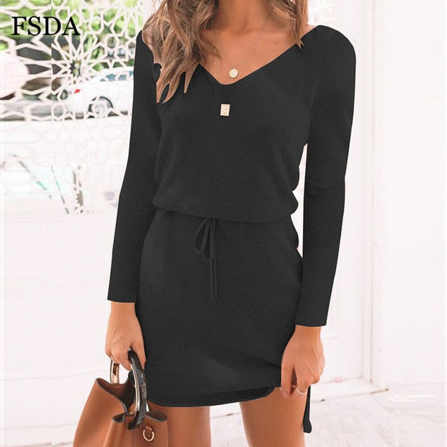FSDA V Neck Women Sashes Long Sleeve Casual Dress Pink Black Gray Slit Mini Autumn Winter Knitted 2019 Warm Short Dresses