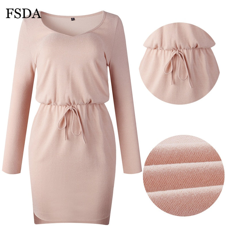 FSDA V Neck Women Sashes Long Sleeve Casual Dress Pink Black Gray Slit Mini Autumn Winter Knitted 2019 Warm Short Dresses