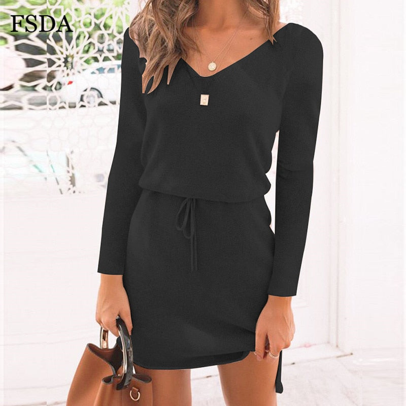 FSDA V Neck Women Sashes Long Sleeve Casual Dress Pink Black Gray Slit Mini Autumn Winter Knitted 2019 Warm Short Dresses