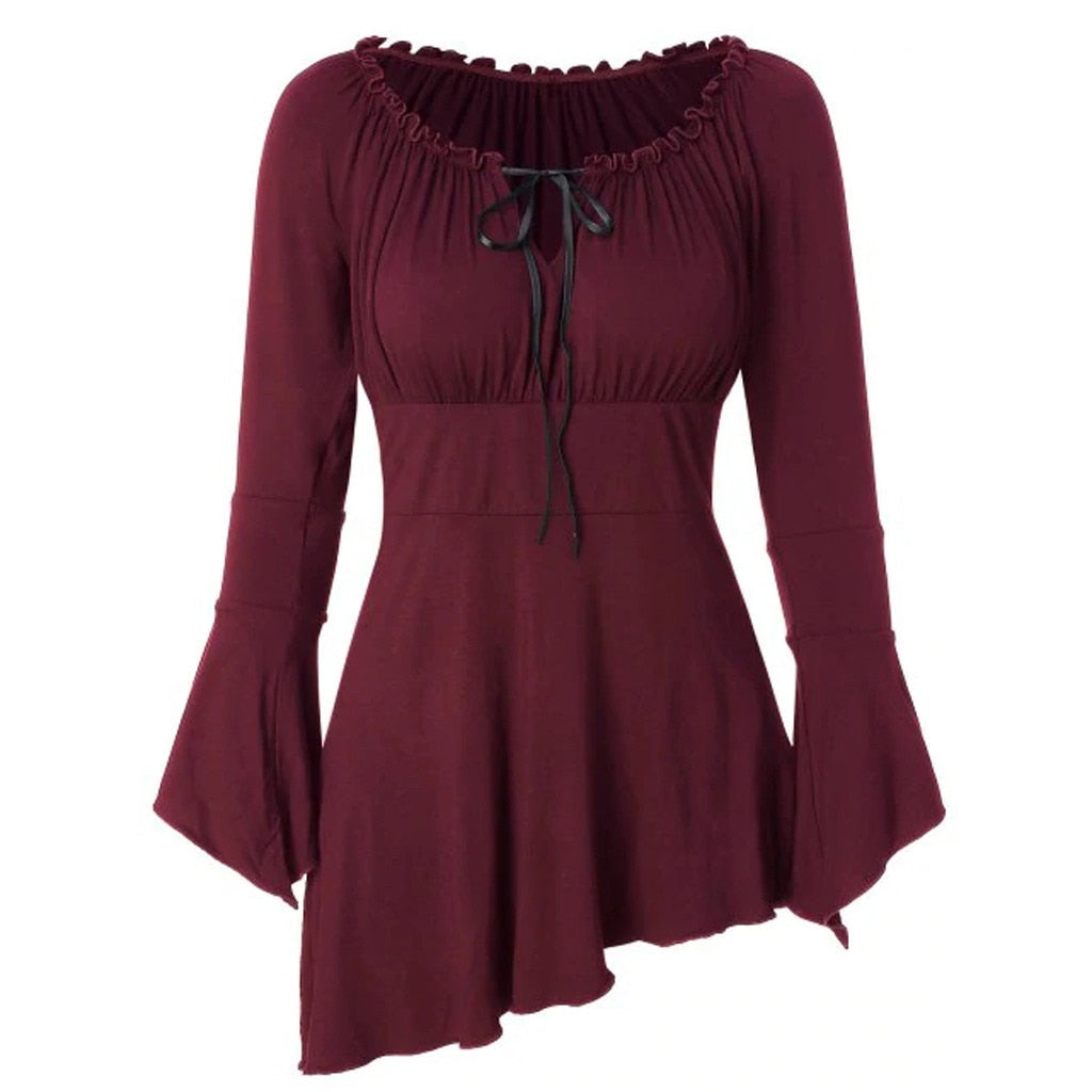 Fashion Bow Lace Up Blouse Bell Sleeve Casual Winter Ladies Tunic Bottom Tops Female Women Long Sleeve Shirt Blusas Pullover