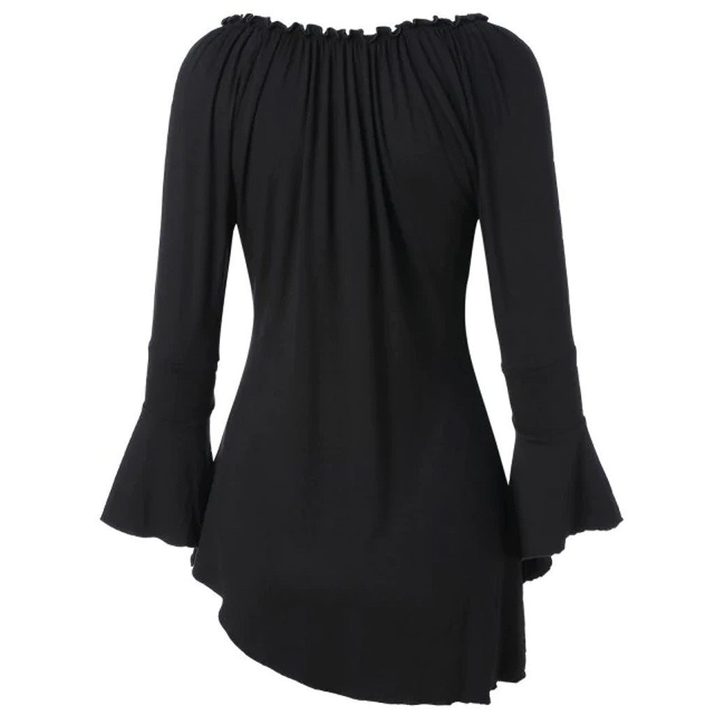 Fashion Bow Lace Up Blouse Bell Sleeve Casual Winter Ladies Tunic Bottom Tops Female Women Long Sleeve Shirt Blusas Pullover
