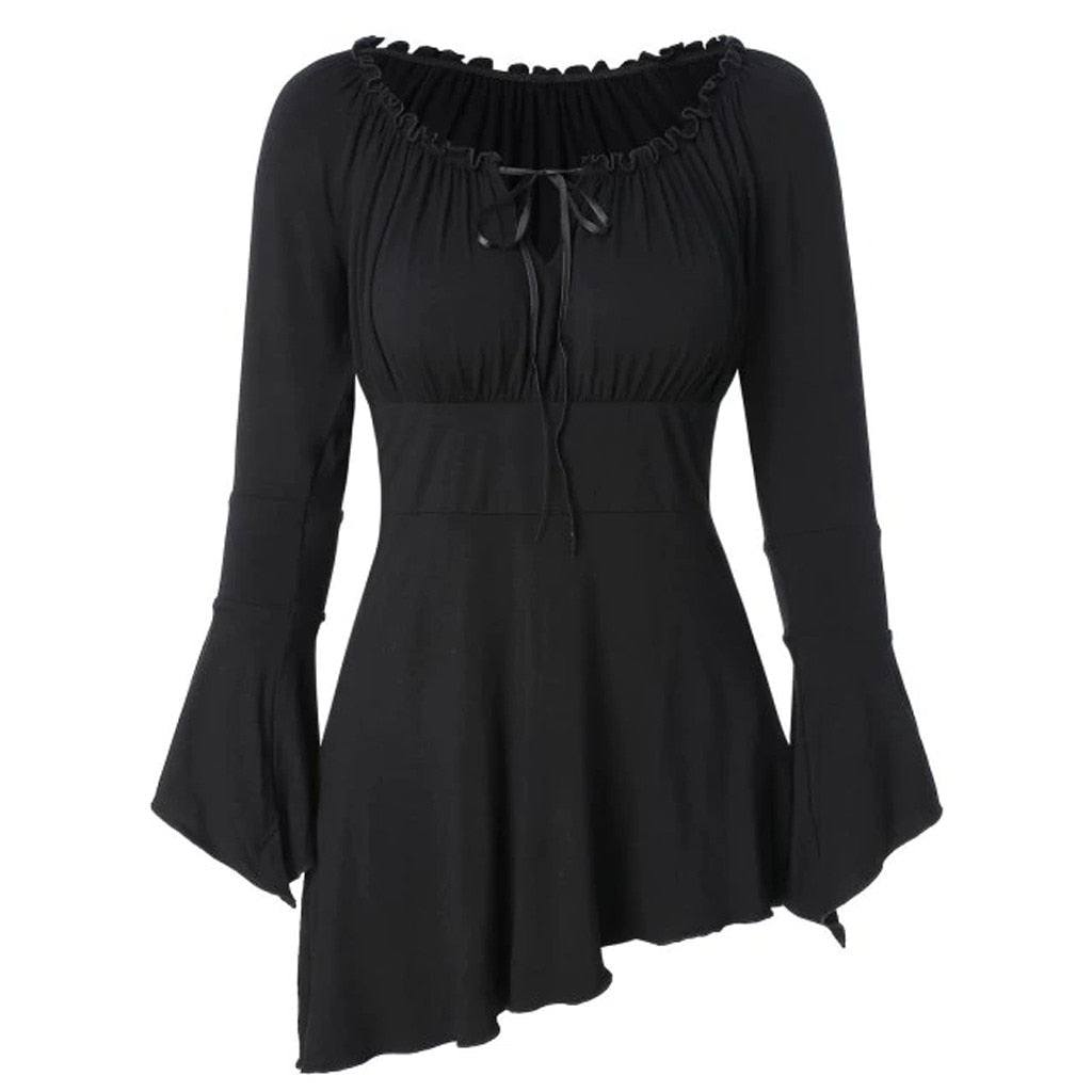 Fashion Bow Lace Up Blouse Bell Sleeve Casual Winter Ladies Tunic Bottom Tops Female Women Long Sleeve Shirt Blusas Pullover