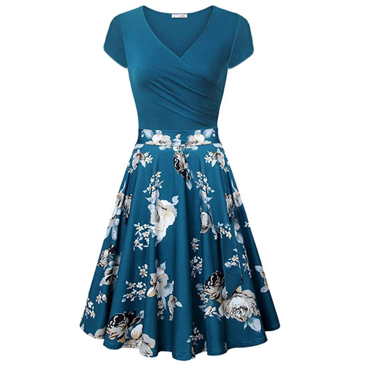 JAYCOSIN 2019 New Summer Women Dresses Sexy Blue Short Sleeve Cross V-Neck Vintage Elegant Draped A-Line jersey Sundress 9042936