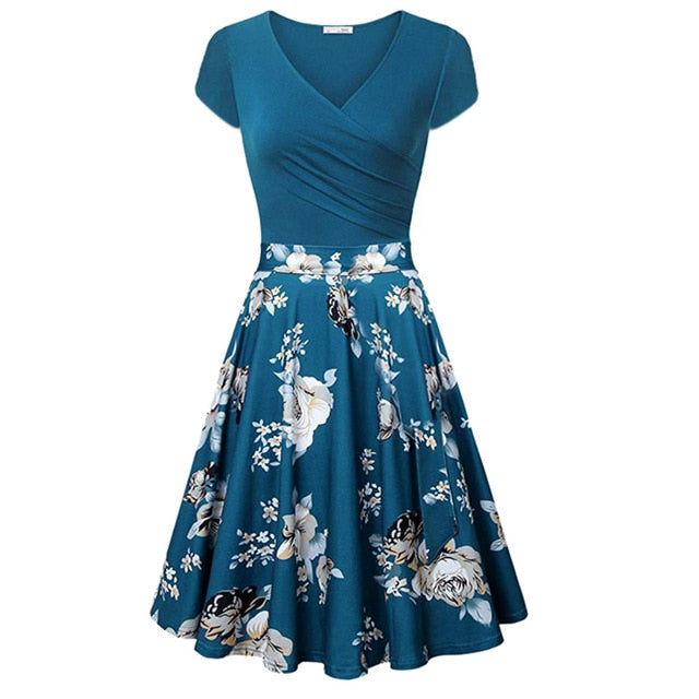 JAYCOSIN 2019 New Summer Women Dresses Sexy Blue Short Sleeve Cross V-Neck Vintage Elegant Draped A-Line jersey Sundress 9042936