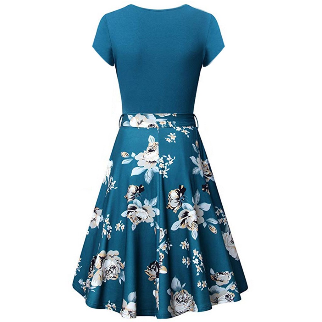 JAYCOSIN 2019 New Summer Women Dresses Sexy Blue Short Sleeve Cross V-Neck Vintage Elegant Draped A-Line jersey Sundress 9042936