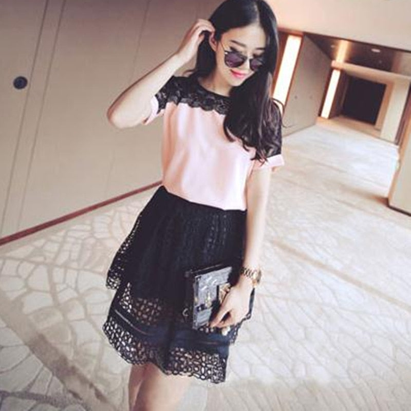 Korean Fashion Chiffon Women Blouses Lace Short Sleeve Pink Women Shirts Plus Size 4XL/5XL Womens Tops Blusas Femininas Elegante