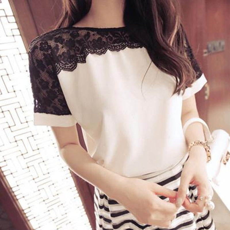 Korean Fashion Chiffon Women Blouses Lace Short Sleeve Pink Women Shirts Plus Size 4XL/5XL Womens Tops Blusas Femininas Elegante