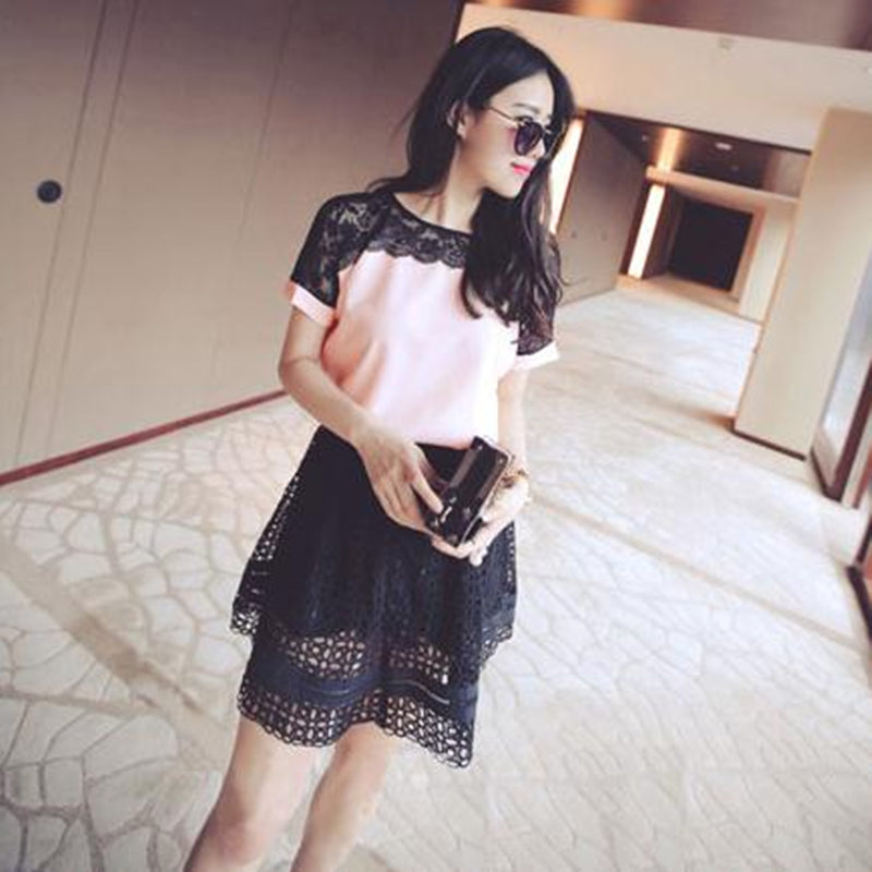Korean Fashion Chiffon Women Blouses Lace Short Sleeve Pink Women Shirts Plus Size 4XL/5XL Womens Tops Blusas Femininas Elegante