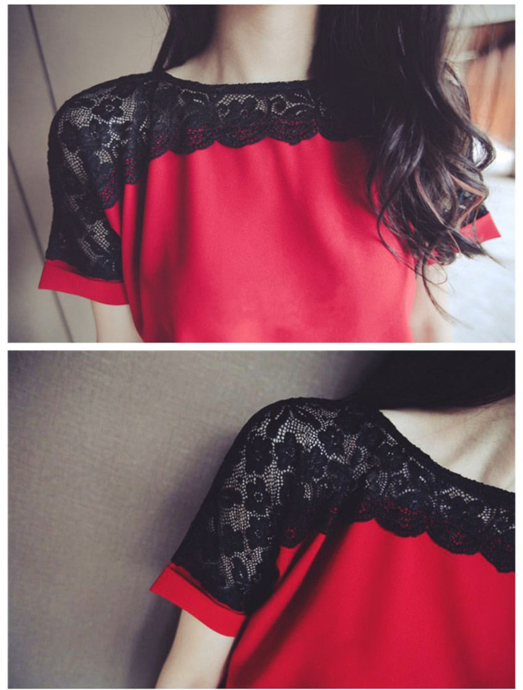 Korean Fashion Chiffon Women Blouses Lace Short Sleeve Pink Women Shirts Plus Size 4XL/5XL Womens Tops Blusas Femininas Elegante