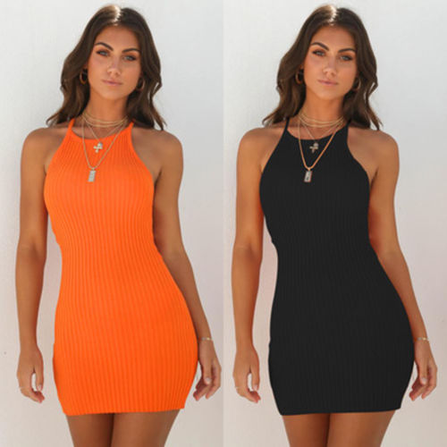 New Women's Ladies Dresses Sexy Summer Sleeveless Tank Slim Mini Short Knitted Bodycon SunDress Orange Black