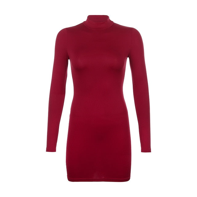 Rapwriter Sexy Solid Color Turtleneck Skinny Mini Dress Women 2018 Fall Winter Keep Warm Long Sleeve Slim Pencil Dress Vestidos