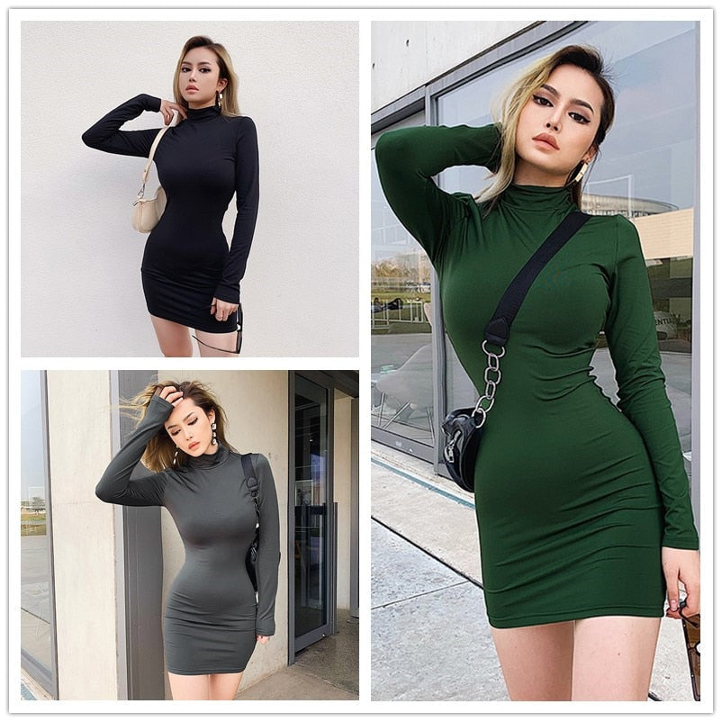 Rapwriter Sexy Solid Color Turtleneck Skinny Mini Dress Women 2018 Fall Winter Keep Warm Long Sleeve Slim Pencil Dress Vestidos
