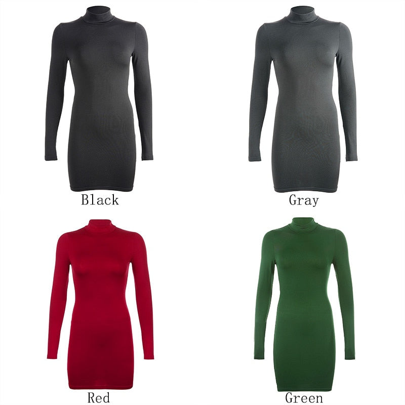 Rapwriter Sexy Solid Color Turtleneck Skinny Mini Dress Women 2018 Fall Winter Keep Warm Long Sleeve Slim Pencil Dress Vestidos