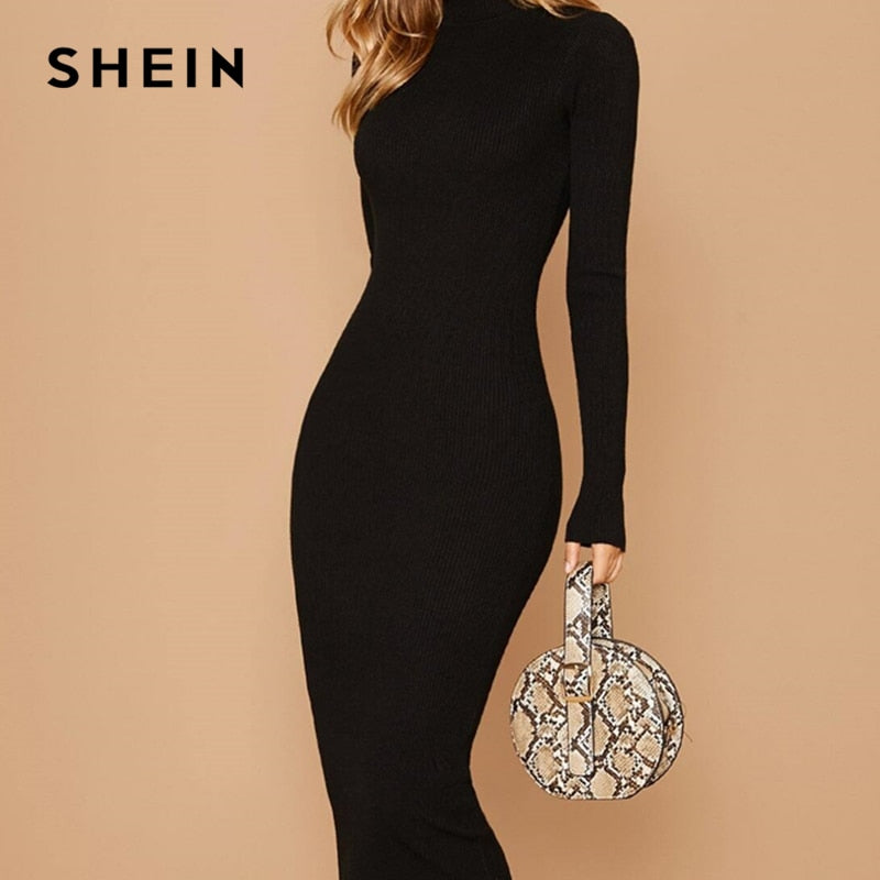 SHEIN Black Stand Collar Ribbed Knit Bodycon Dress Women Autumn Solid Long Sleeve Office Ladies Form Fitted Pencil Long Dresses