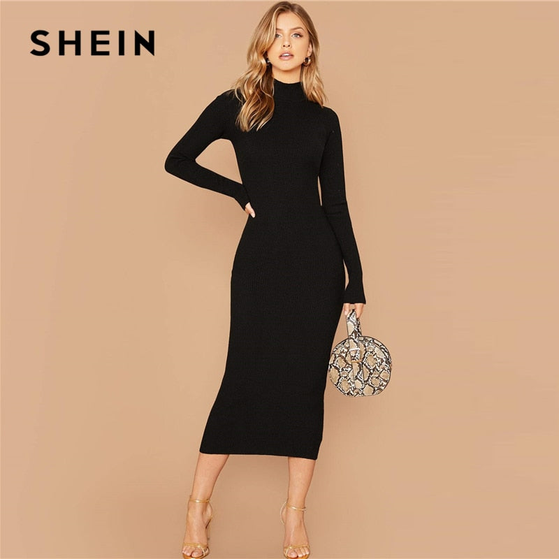 SHEIN Black Stand Collar Ribbed Knit Bodycon Dress Women Autumn Solid Long Sleeve Office Ladies Form Fitted Pencil Long Dresses