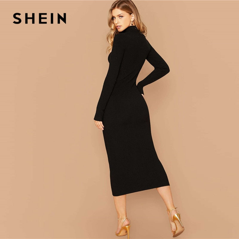 SHEIN Black Stand Collar Ribbed Knit Bodycon Dress Women Autumn Solid Long Sleeve Office Ladies Form Fitted Pencil Long Dresses