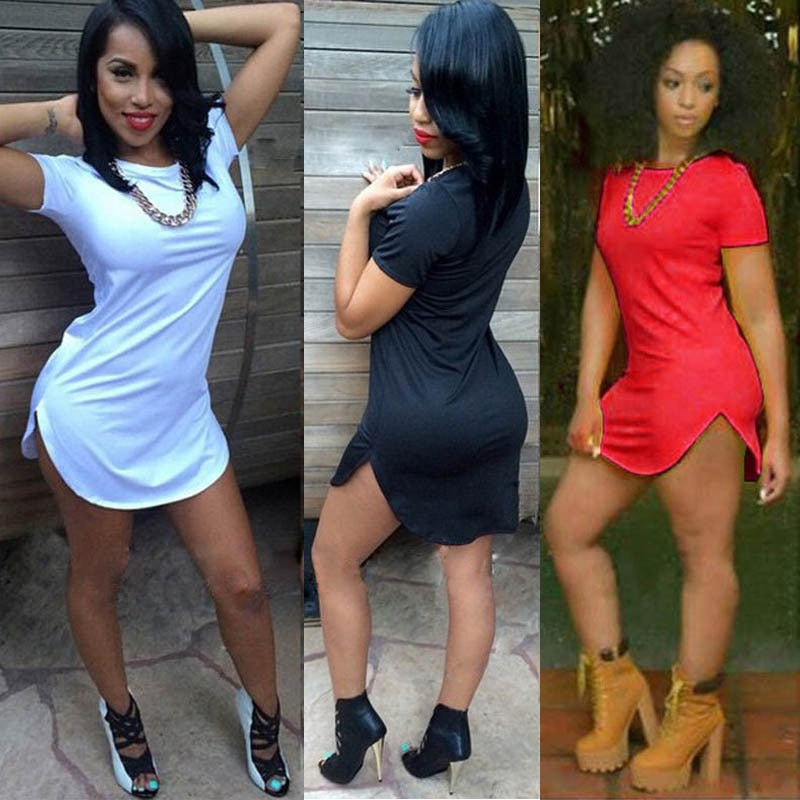 Sexy Women Tops  Party dress-shirt Short Sleeve Side Slit Casual T Shirt for womenL Short Dress Female summer Mini Dress vestido