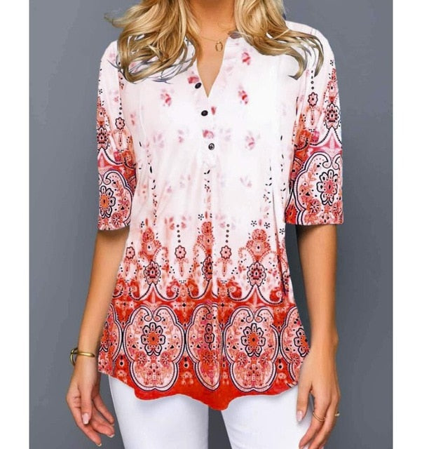 Shirt Fashion 2020 Large Size Tops Women  Casual V Neck Shirt Ladies Blouse Loose Floral Print Tunic Shirt