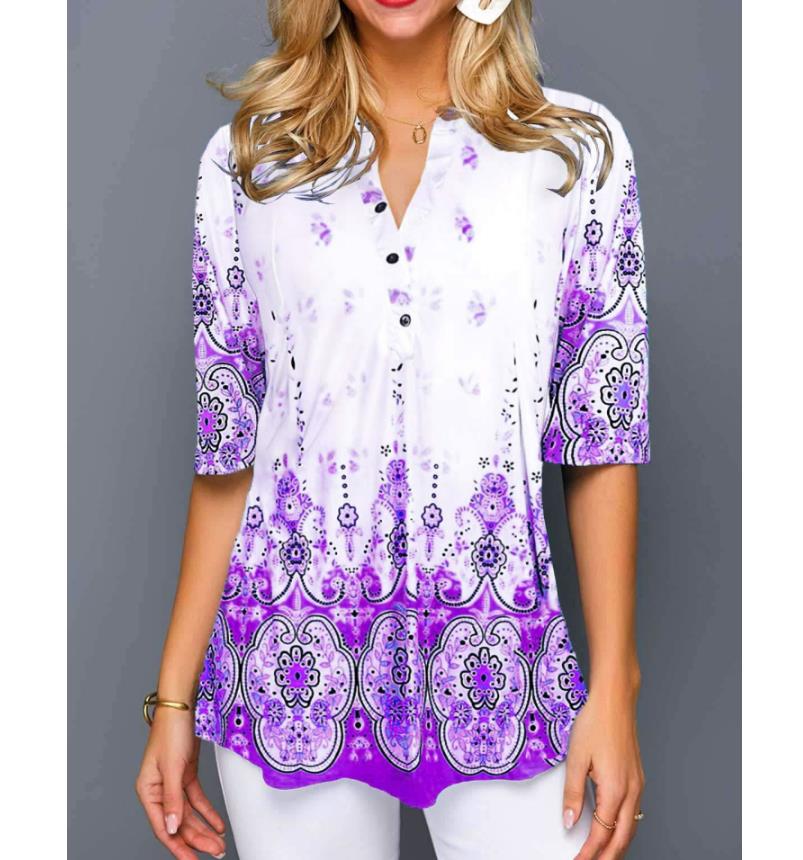 Shirt Fashion 2020 Large Size Tops Women  Casual V Neck Shirt Ladies Blouse Loose Floral Print Tunic Shirt