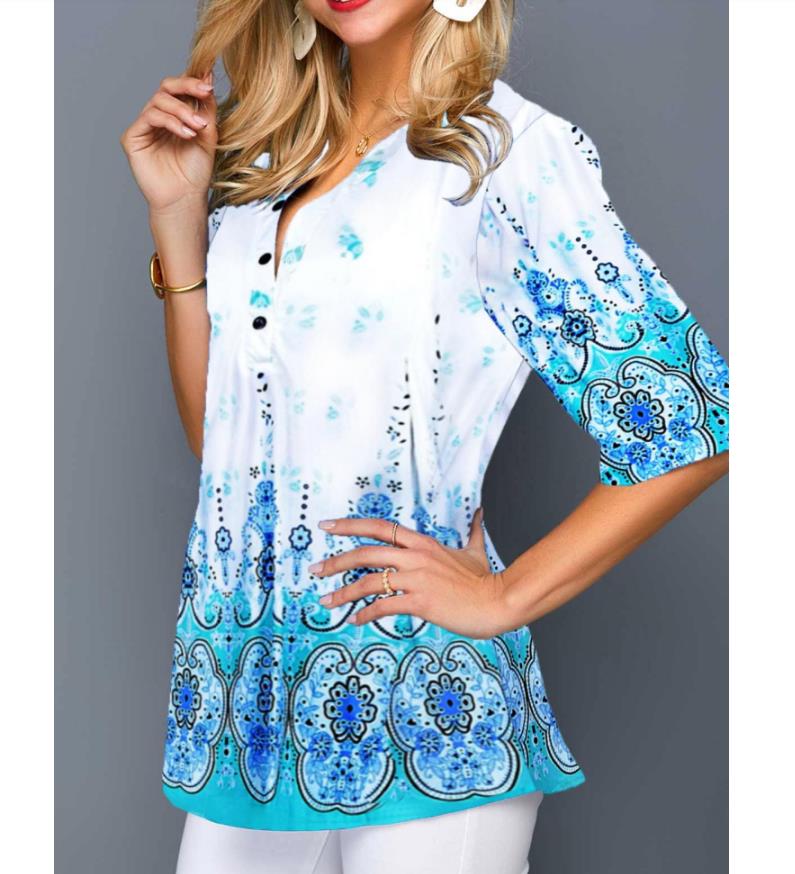 Shirt Fashion 2020 Large Size Tops Women  Casual V Neck Shirt Ladies Blouse Loose Floral Print Tunic Shirt