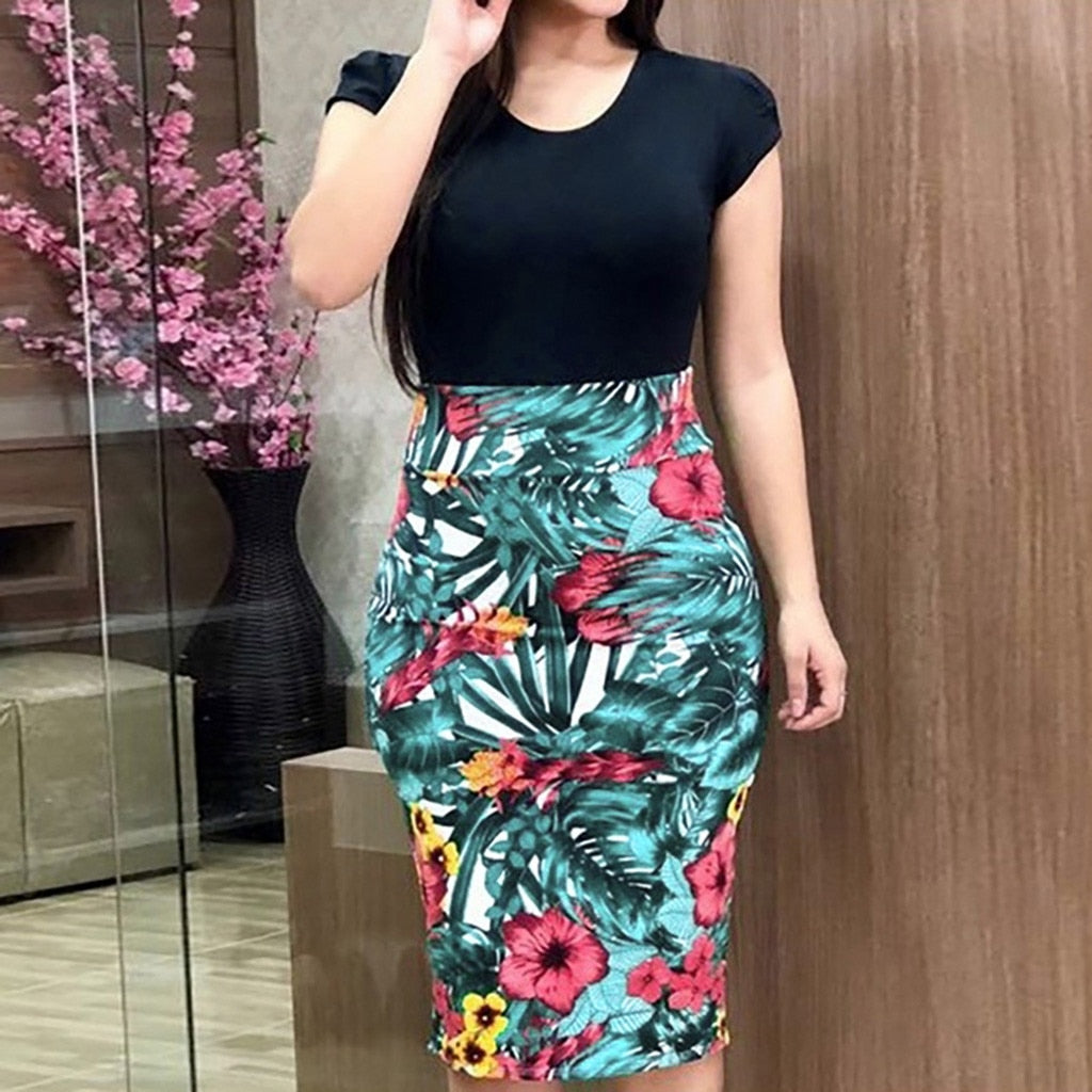 Summer Knee-Length Dress Short Sleeve Sexy Floral O-Neck Casual Bodycon Buttock Dress Women Lady Party Dress Vestidos de festa