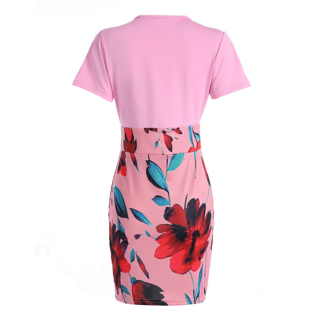 Summer Knee-Length Dress Short Sleeve Sexy Floral O-Neck Casual Bodycon Buttock Dress Women Lady Party Dress Vestidos de festa