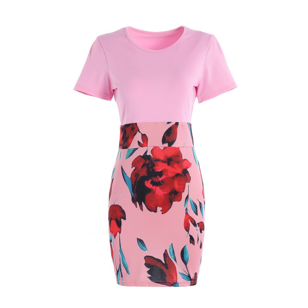 Summer Knee-Length Dress Short Sleeve Sexy Floral O-Neck Casual Bodycon Buttock Dress Women Lady Party Dress Vestidos de festa