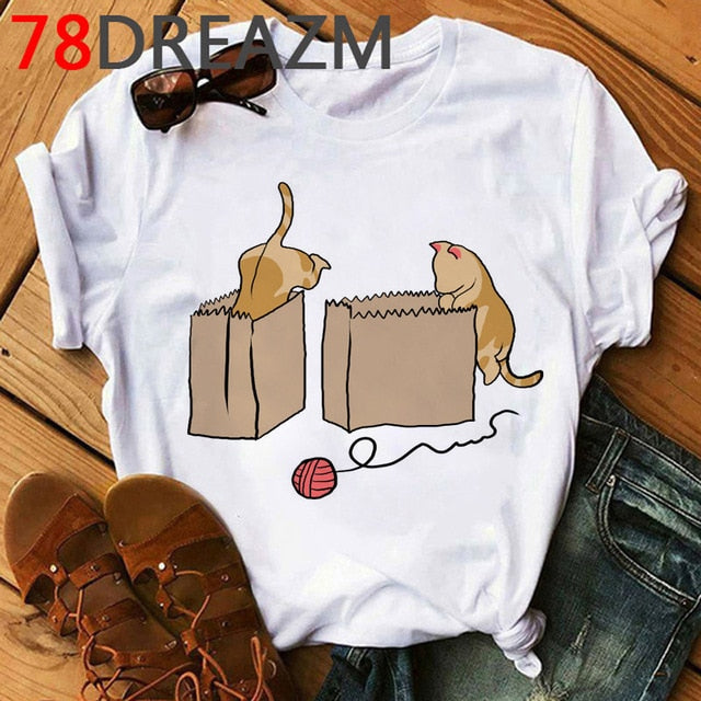 Summer Top Funny Cat T Shirt Women Kawaii Kittens T-shirt Plus Size Women Cute Graphic Tees Unisex Oversized Tee Shirt Female