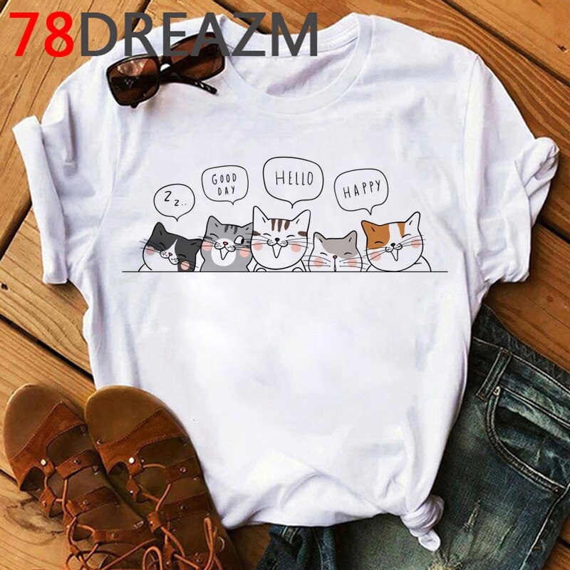 Summer Top Funny Cat T Shirt Women Kawaii Kittens T-shirt Plus Size Women Cute Graphic Tees Unisex Oversized Tee Shirt Female