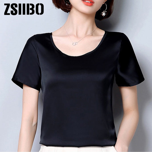 Vintage Women Silk Blouse 2019 Summer OL Work Satin Shirt Korea Elegant Large size short-Sleeved top Plus Size Female Clothes
