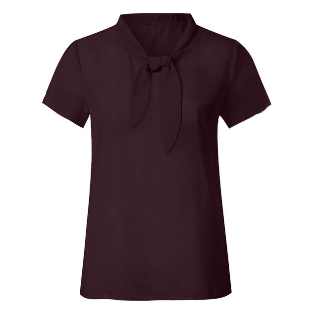 Women Elegant Blouse Short Sleeve Bow Chiffon Shirts Summer Tops Office Shirts Chemisier Femme Womens Tops And Blouses